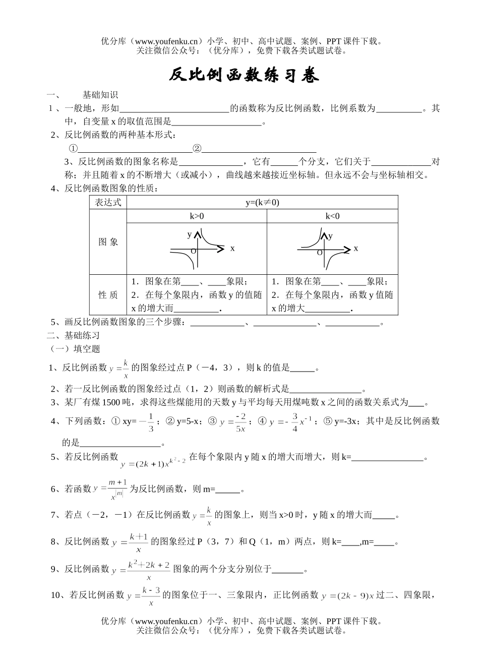 初中八年级数学反比例函数练习卷1试卷_第1页