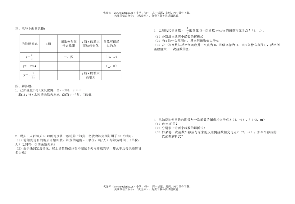 初中八年级数学反比例函数单元检测试卷_第2页