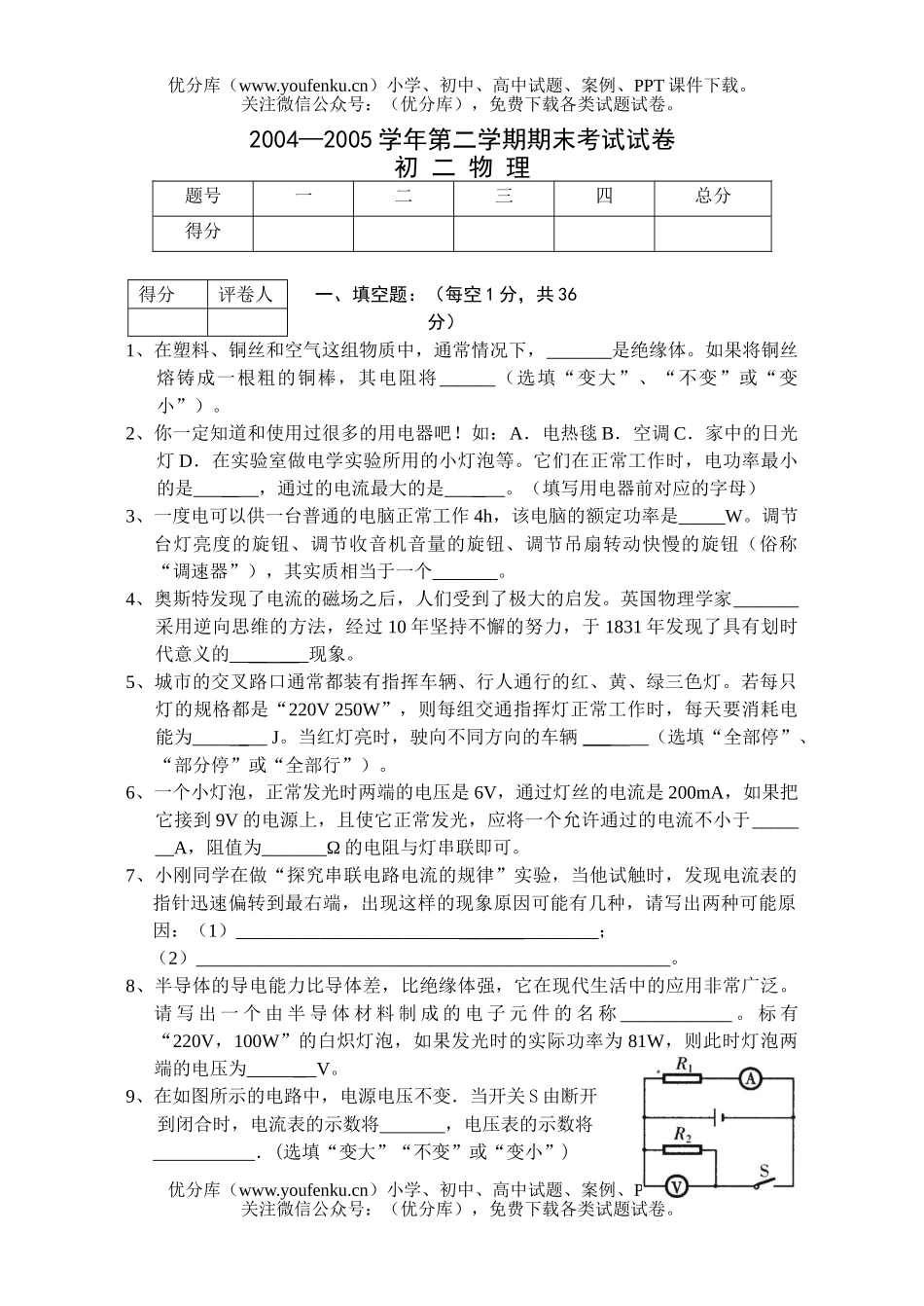 初中八年级物理下学期期末考试卷_第1页