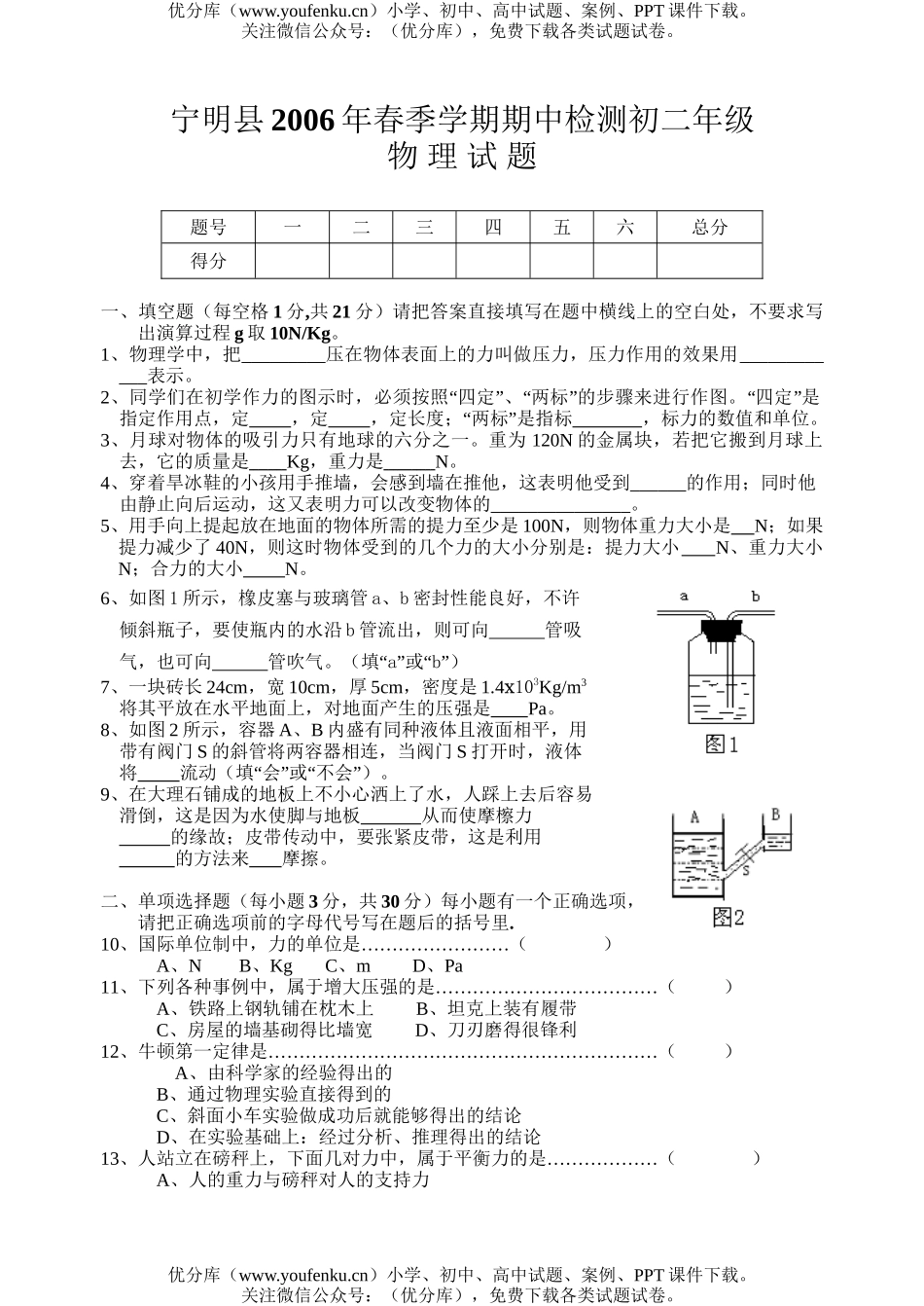 初中八年级物理下学期期中试卷_第1页
