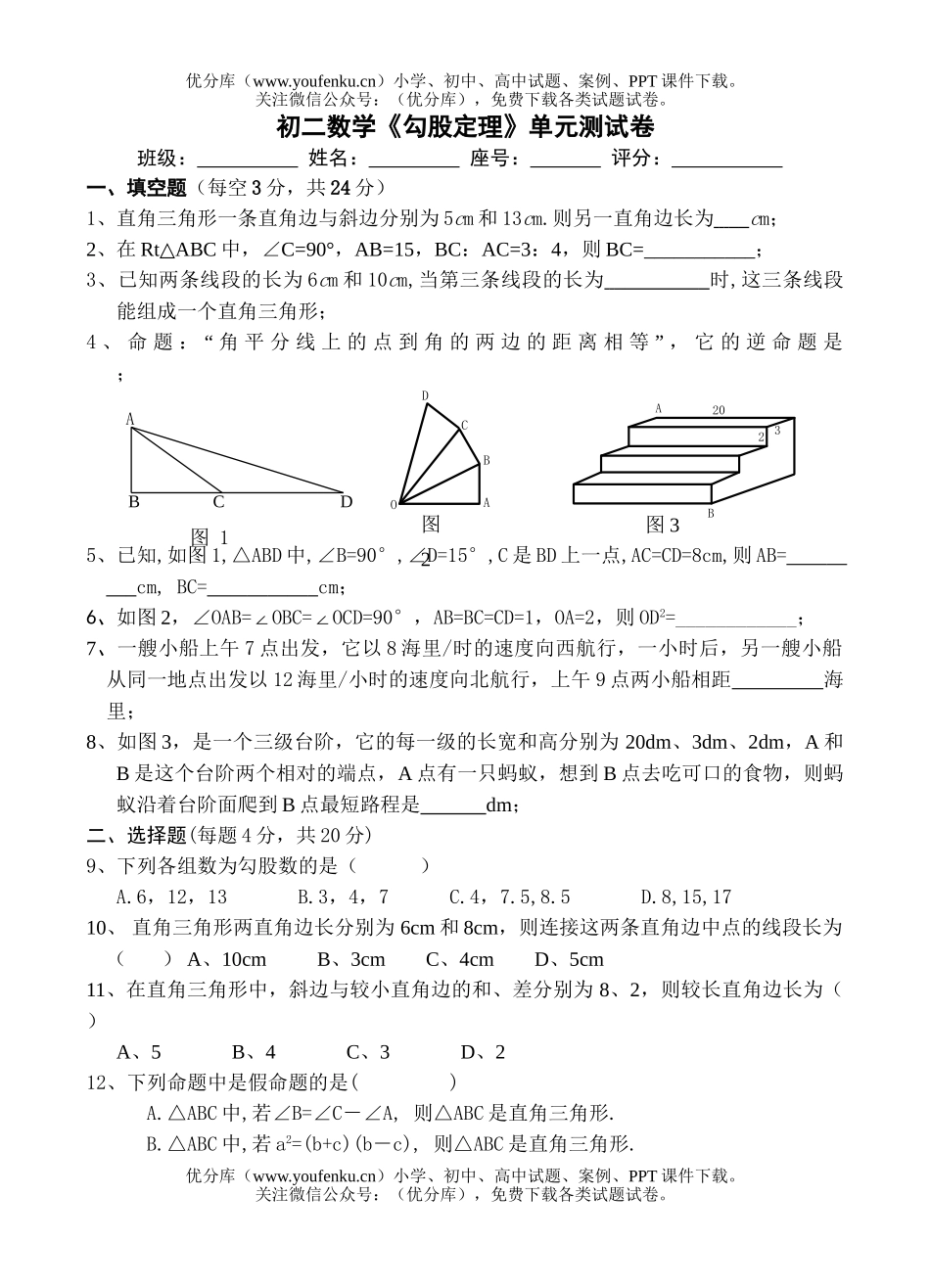 初中八年级数学《勾股定理》单元测试卷_第1页