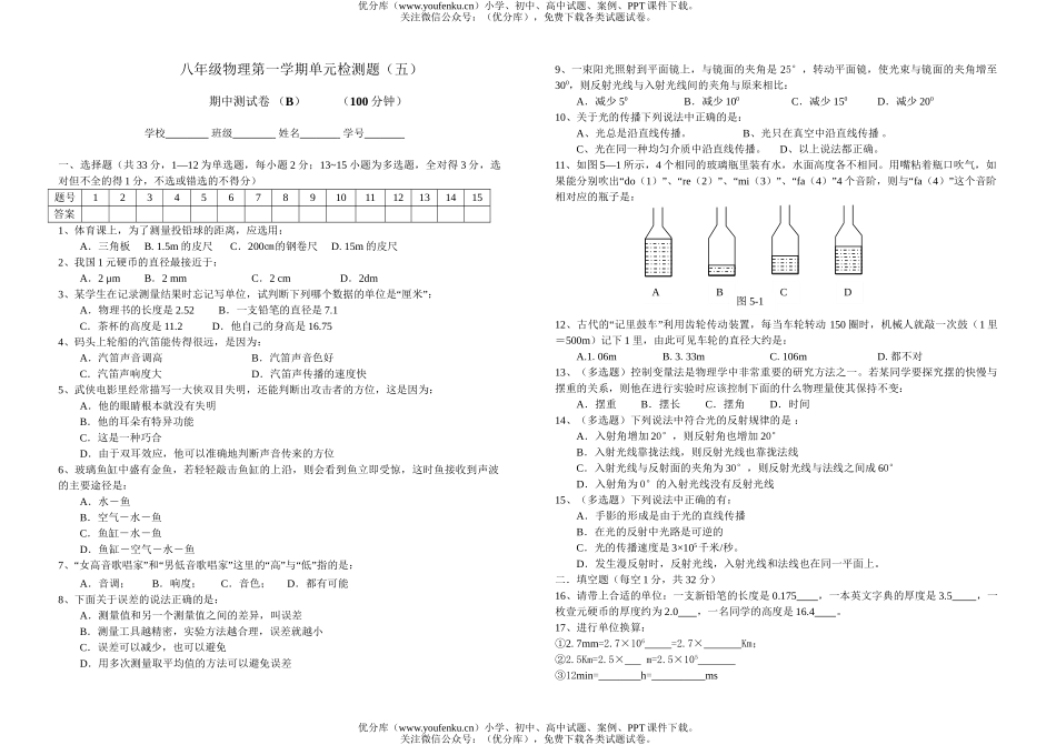 初中八年级物理第一学期单元检测题(五)试卷_第1页