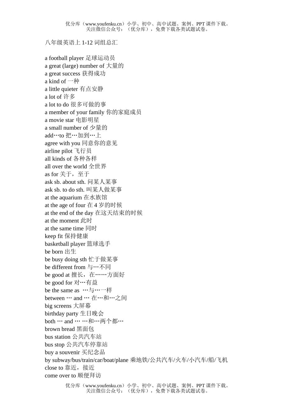 初中八年级英语上1-12词组总汇试卷_第1页