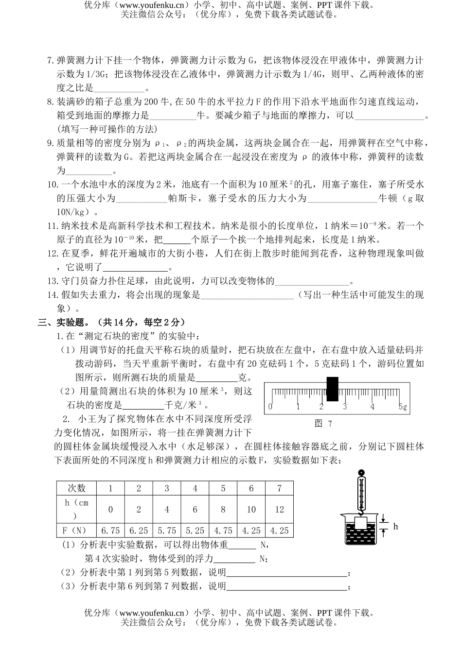 初中八年级物理下学期期末测试5试卷_第3页