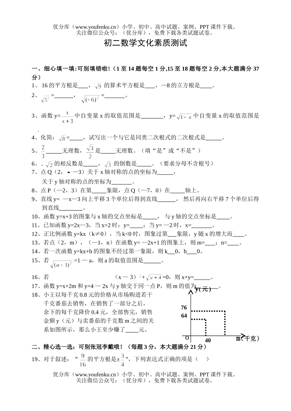 初中八年级数学文化素质测试卷_第1页