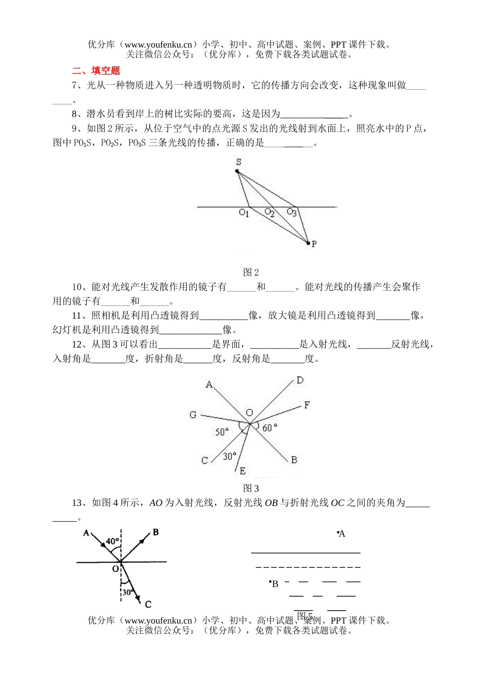 初中八年级物理《光的折射》单元自测题(A)试卷_第2页