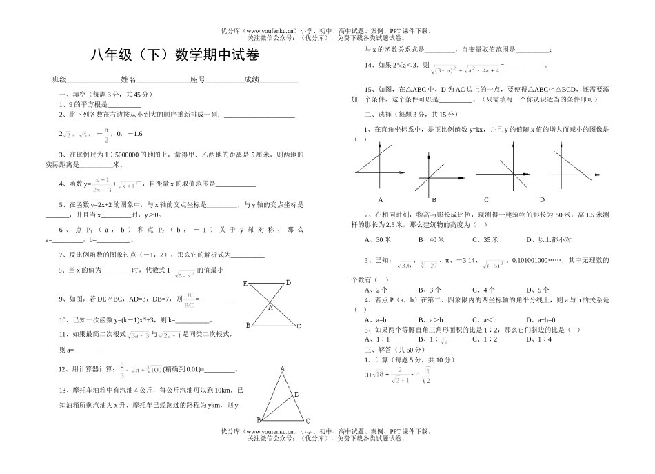 初中八年级数学(下)期中试卷_第1页