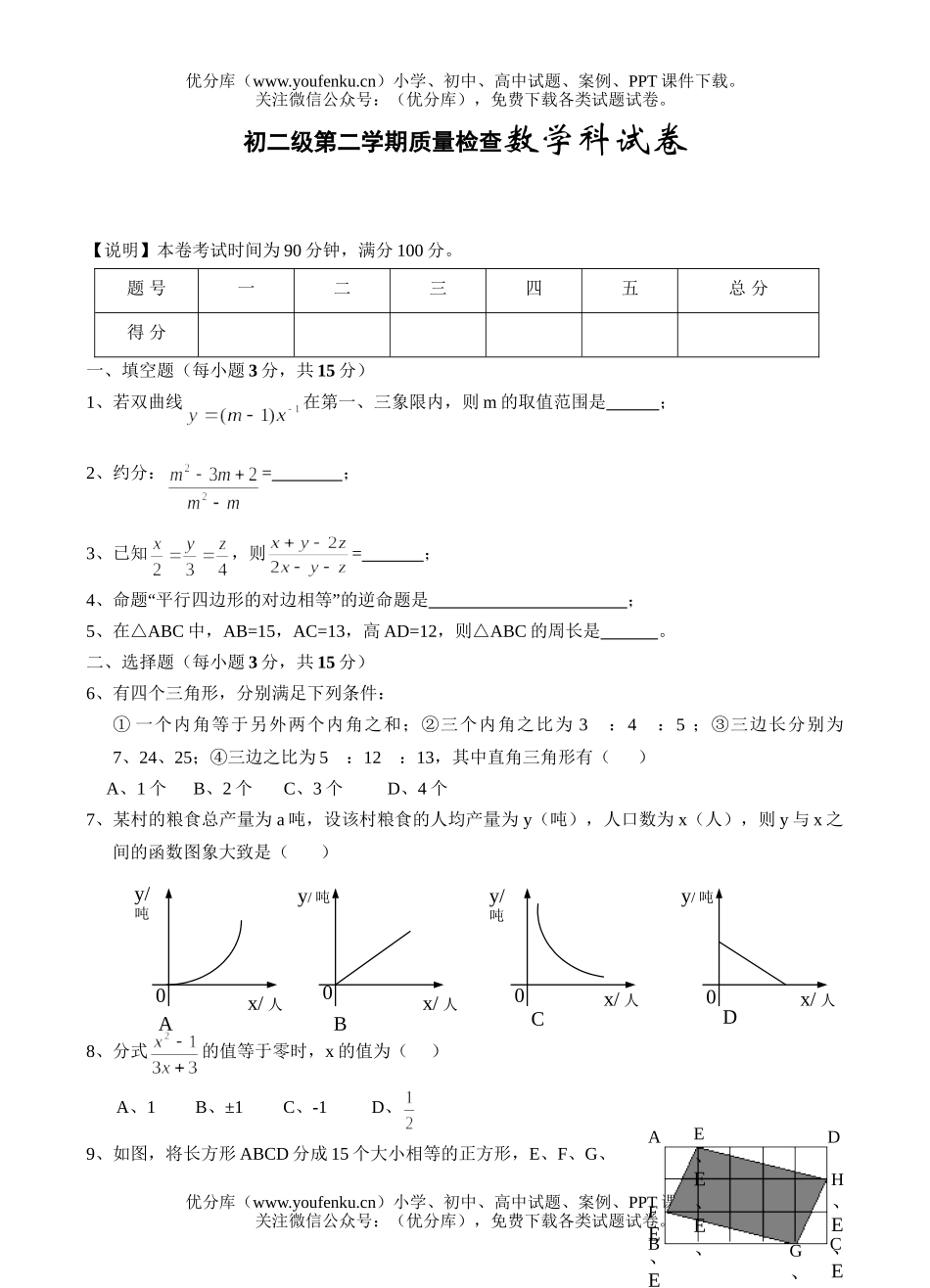 初中八年级数学级第二学期质量检查科试卷_第1页