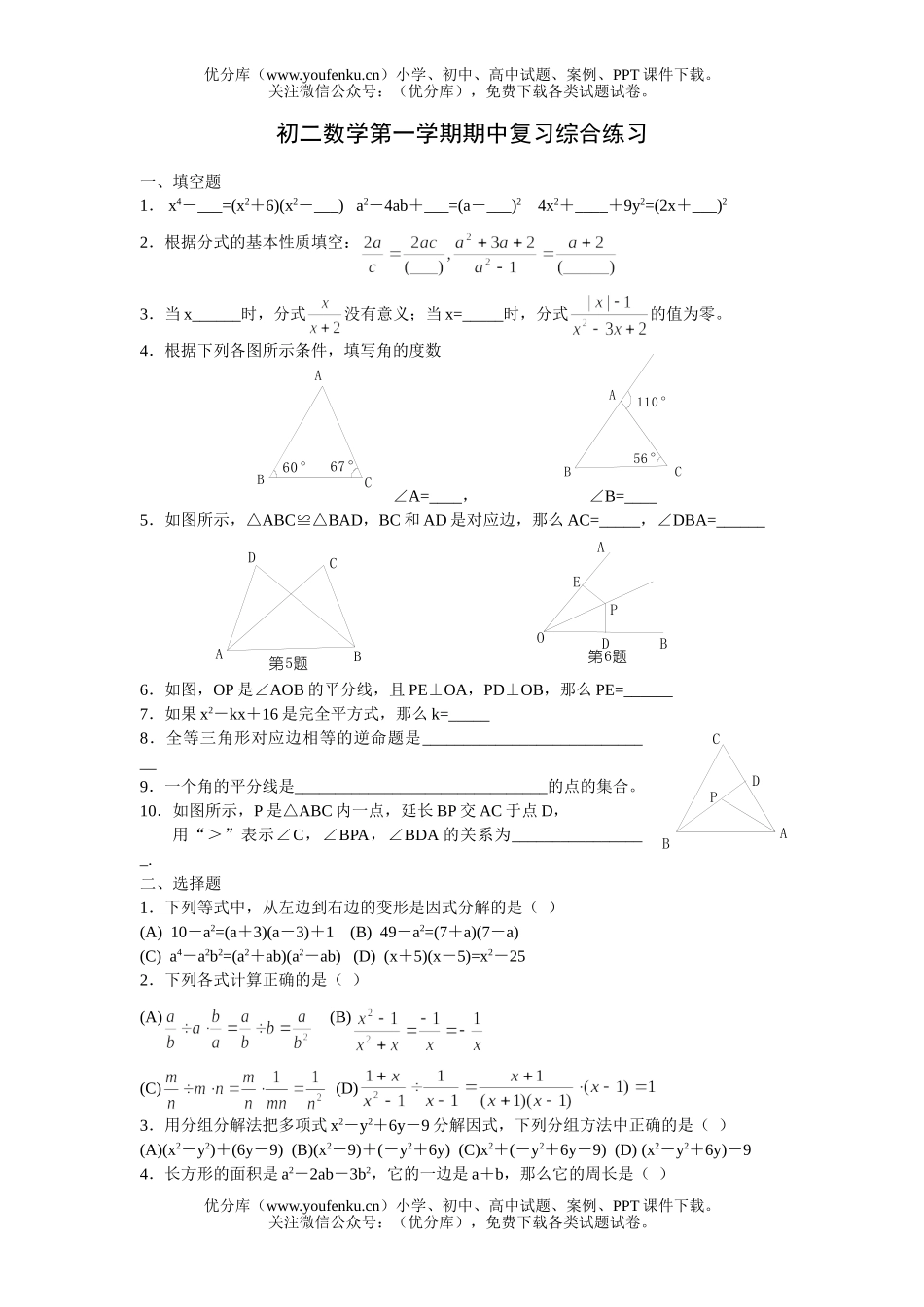 初中八年级数学第一学期期中复习综合练习试卷_第1页