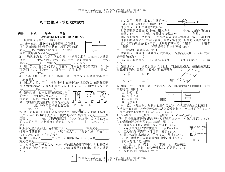 初中八年级物理下学期期末试卷_第1页