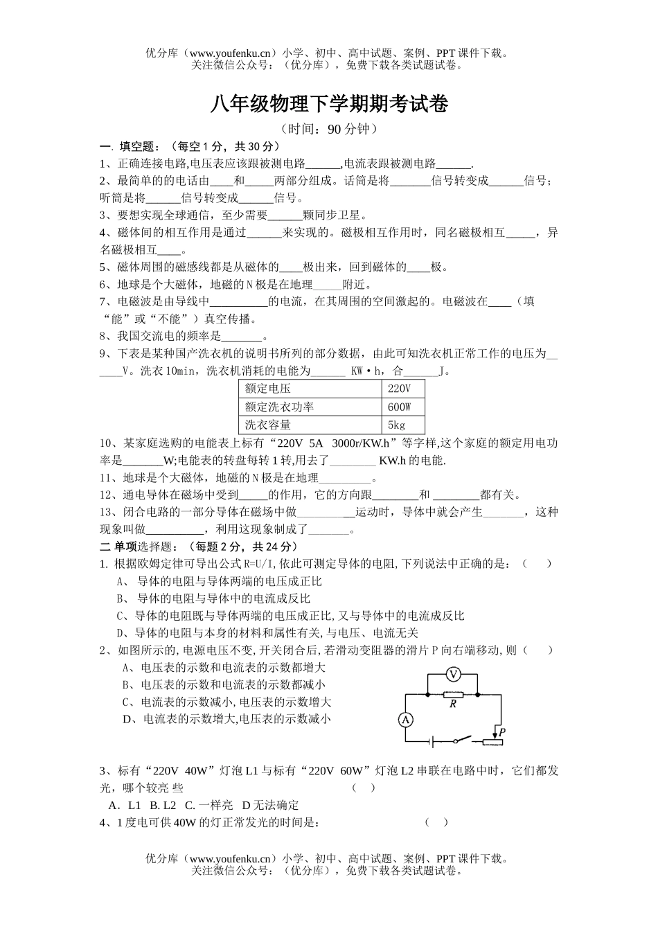初中八年级物理下学期期考试卷_第1页