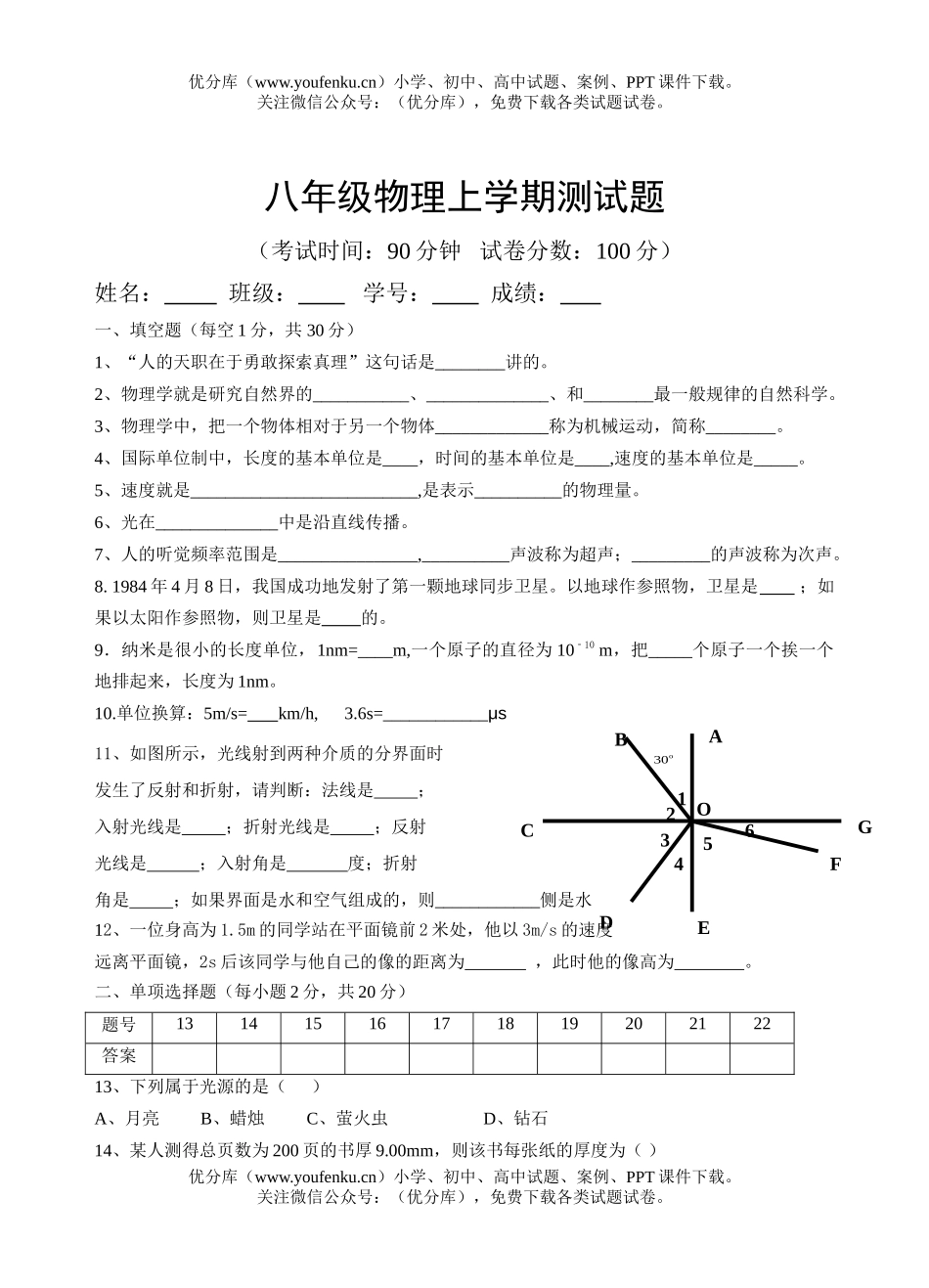 初中八年级物理上学期测试卷_第1页