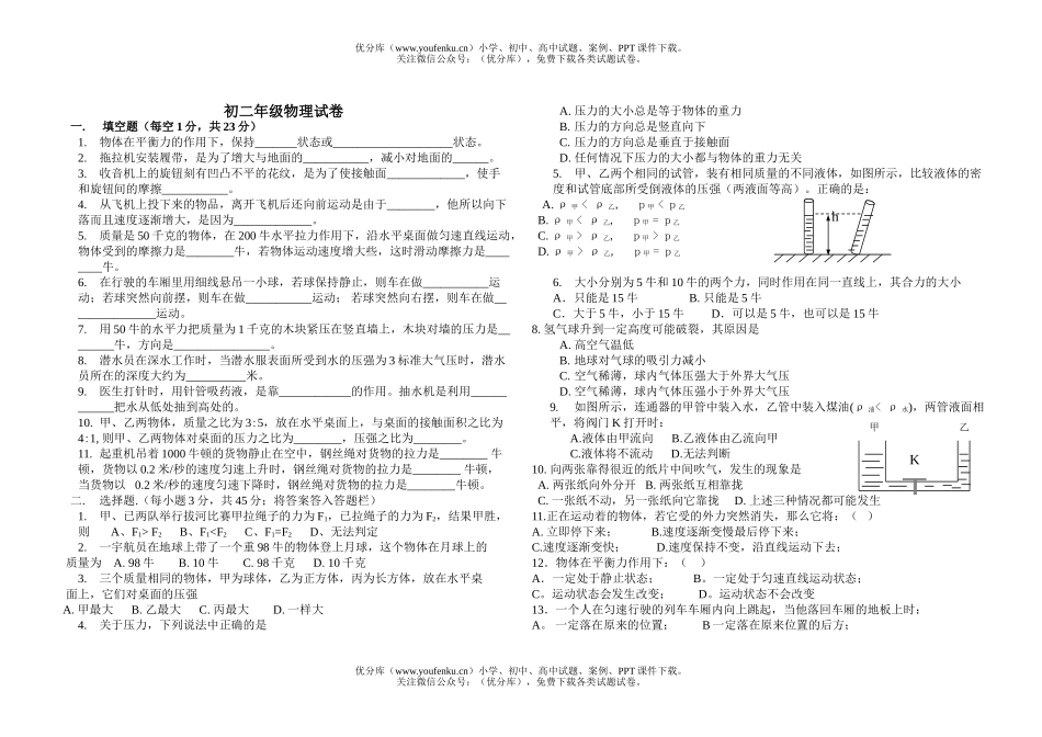 初中八年级物理初试卷_第1页