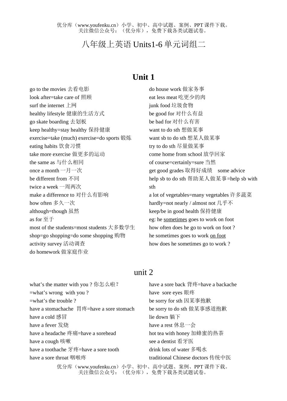 初中八年级英语上Units1-6单元词组二试卷_第1页