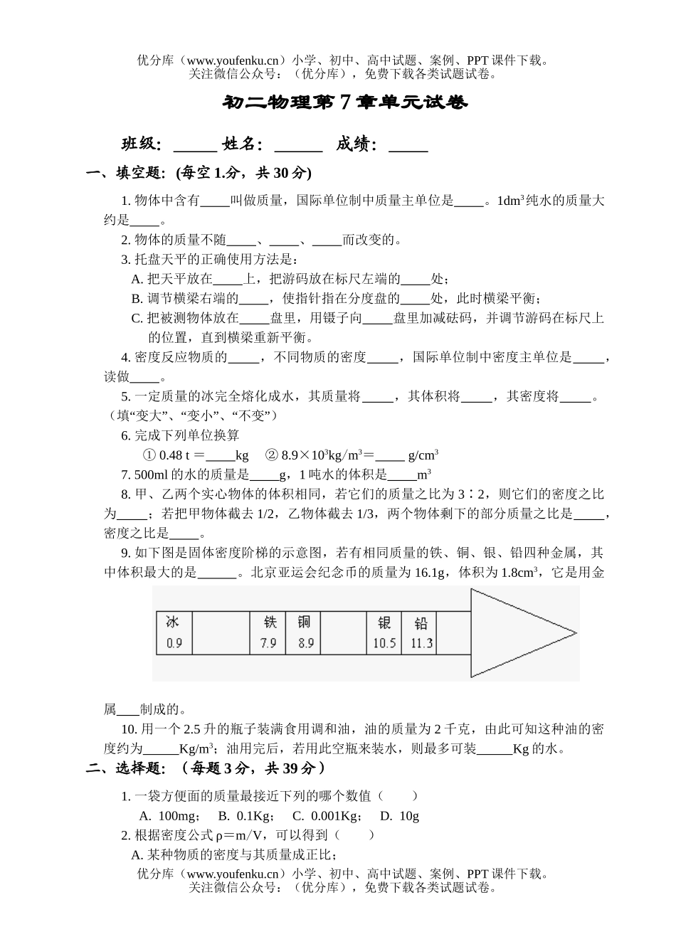 初中八年级物理第7章单元试卷_第1页