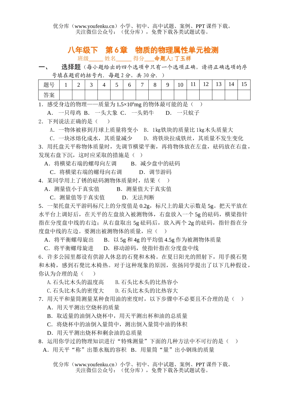 初中八年级物理物质的属性单元检测试卷_第1页