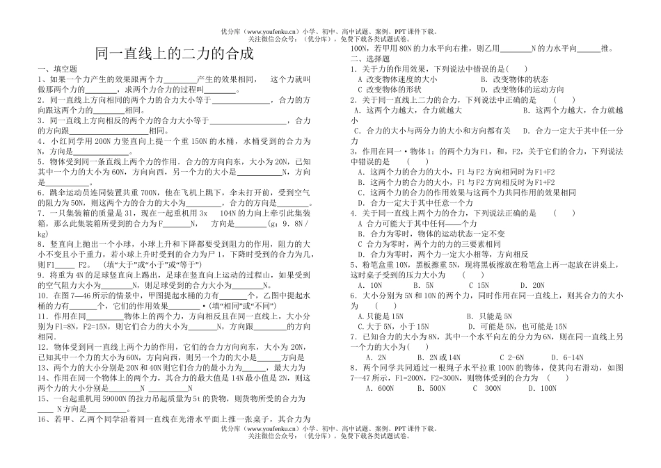 初中八年级物理同一直线上的二力的合成试卷_第1页