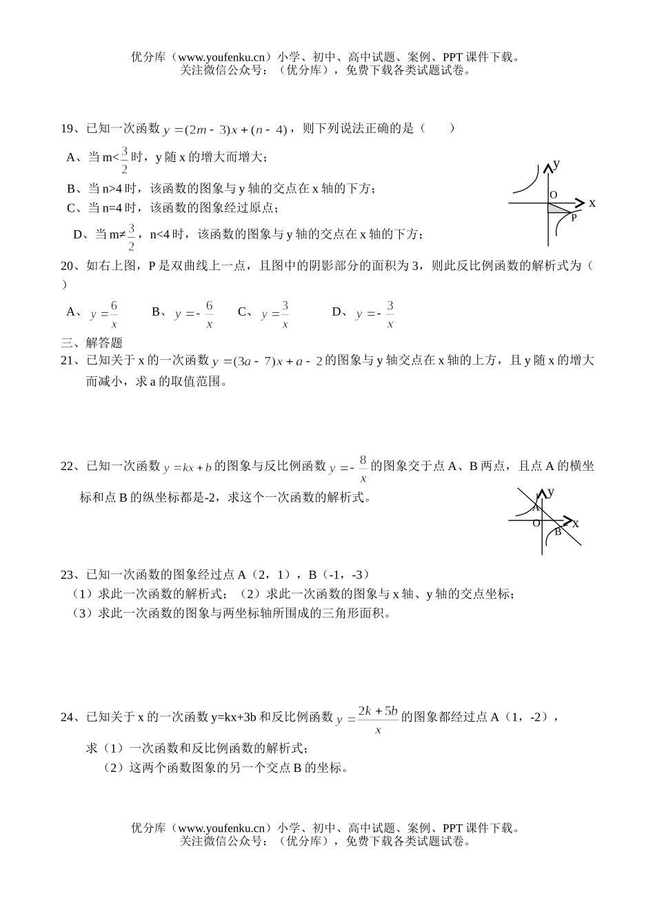 初中八年级数学第十七章练习卷(一次函数、反比例函数)试卷_第2页