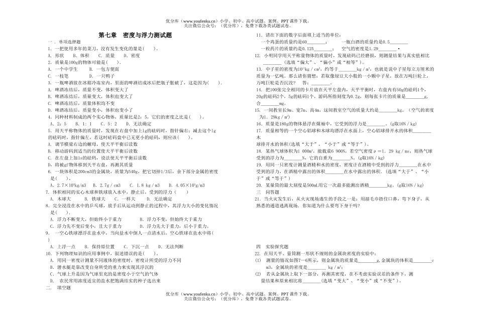 初中八年级物理密度与浮力测试卷_第1页