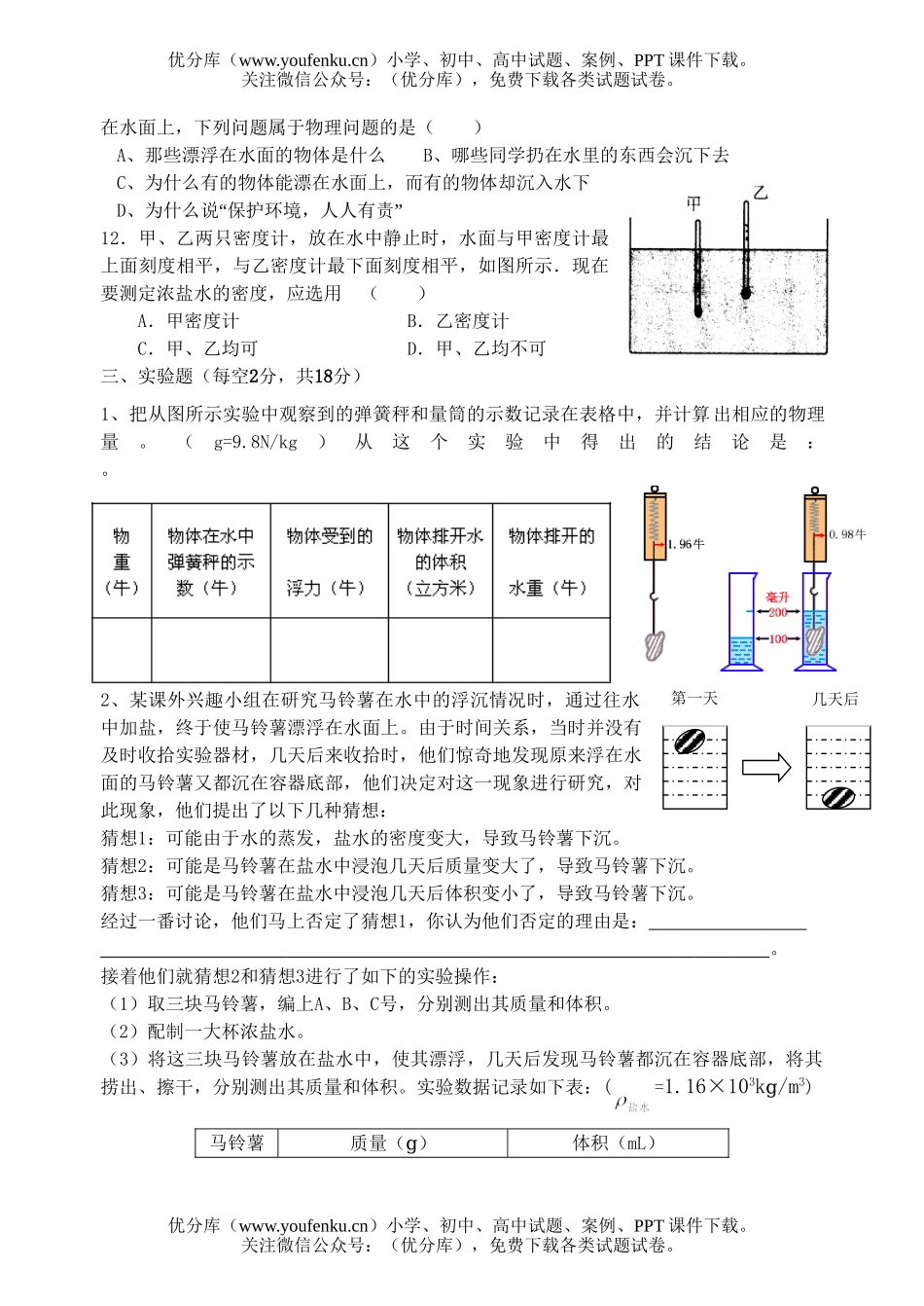 初中八年级物理密度与浮力试卷_第3页