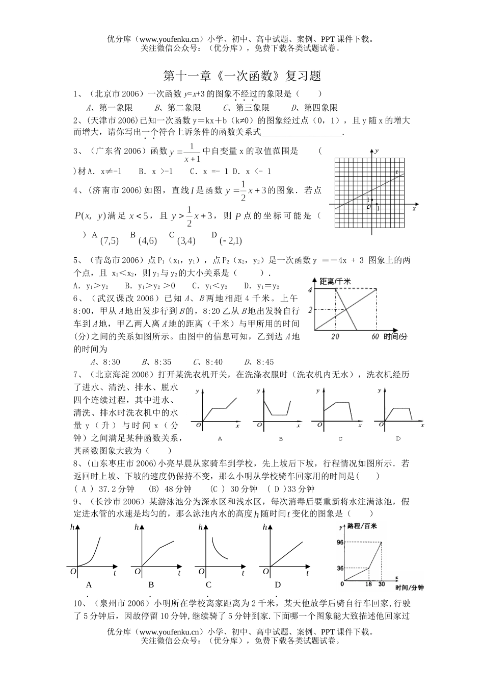 初中八年级数学《一次函数》复习题试卷_第1页
