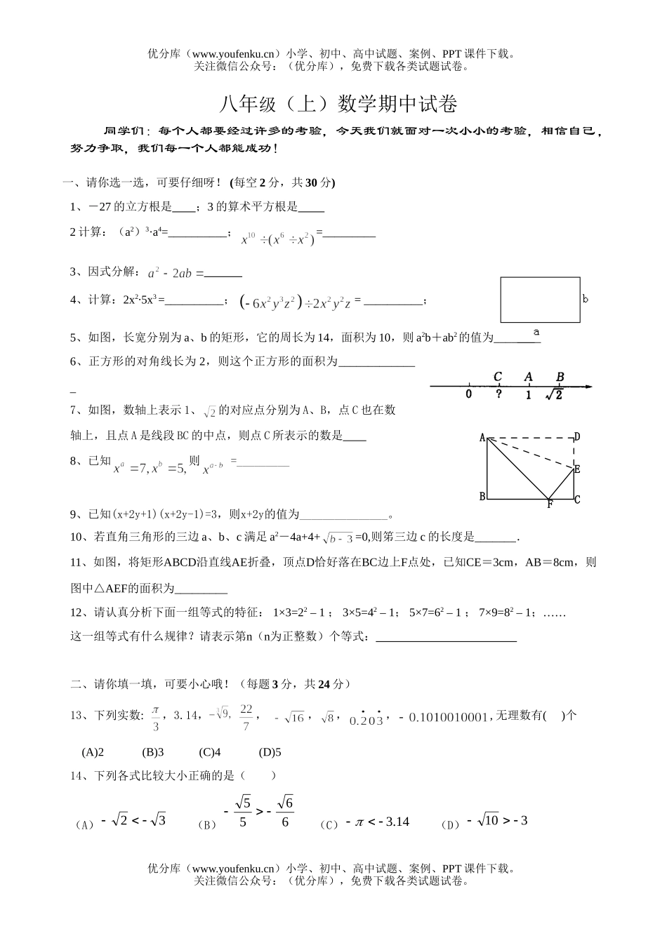 初中八年级数学(上)期中试卷_第1页