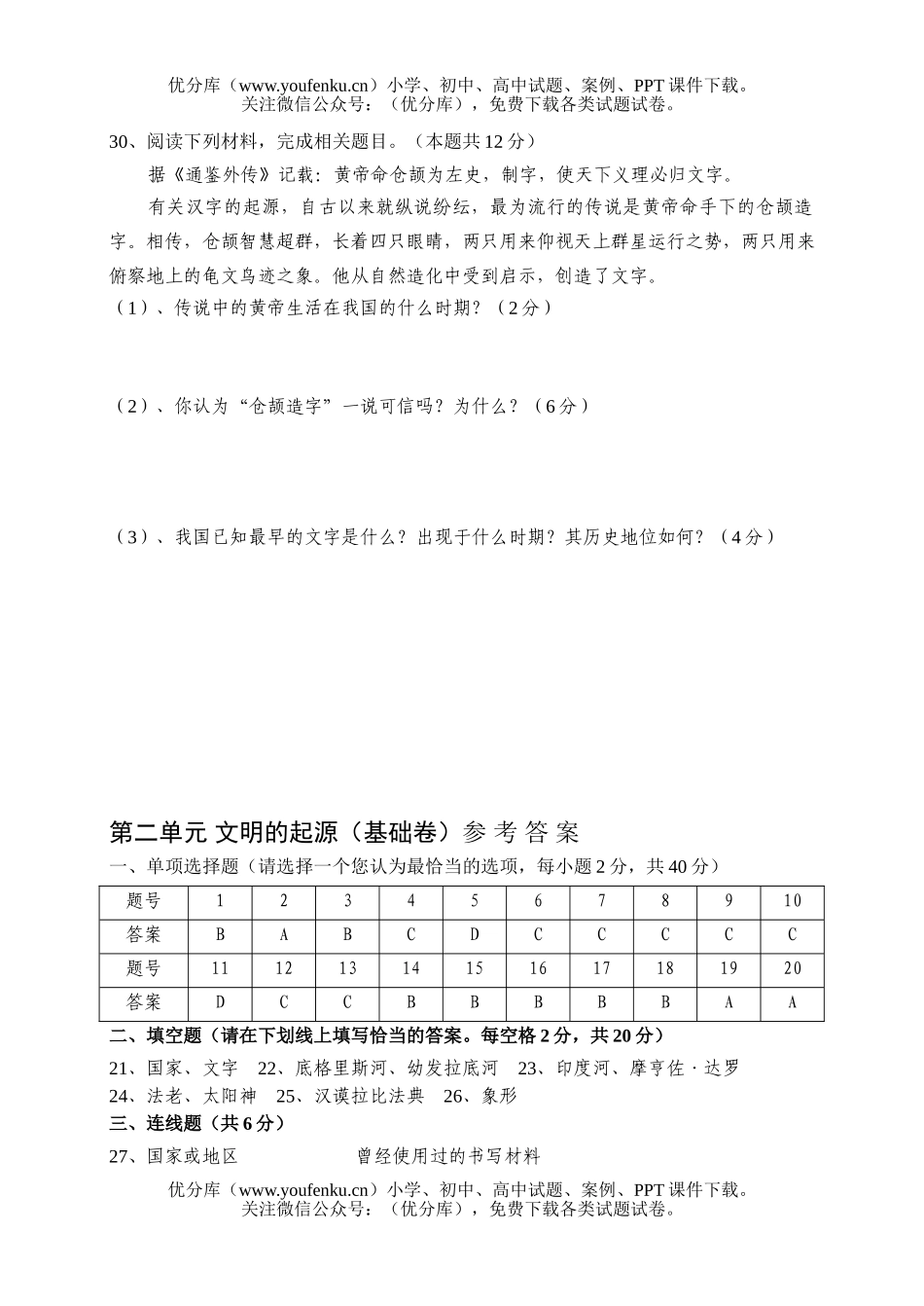 初中八年级历史上学期与社会文明的起源试卷_第1页