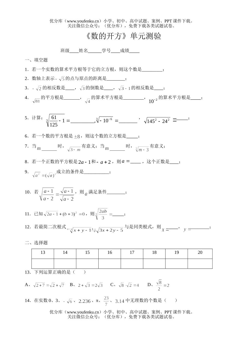 初中八年级数学《数的开方》单元测验试卷_第1页