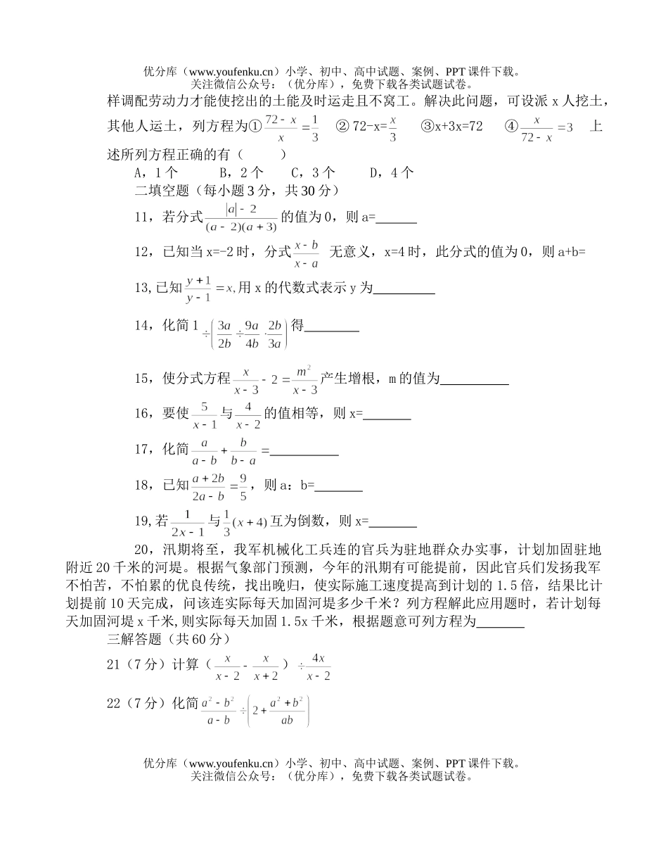初中八年级数学分式达标检测试卷_第1页