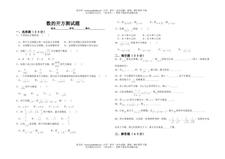 初中八年级数学数的开方测试卷_第1页