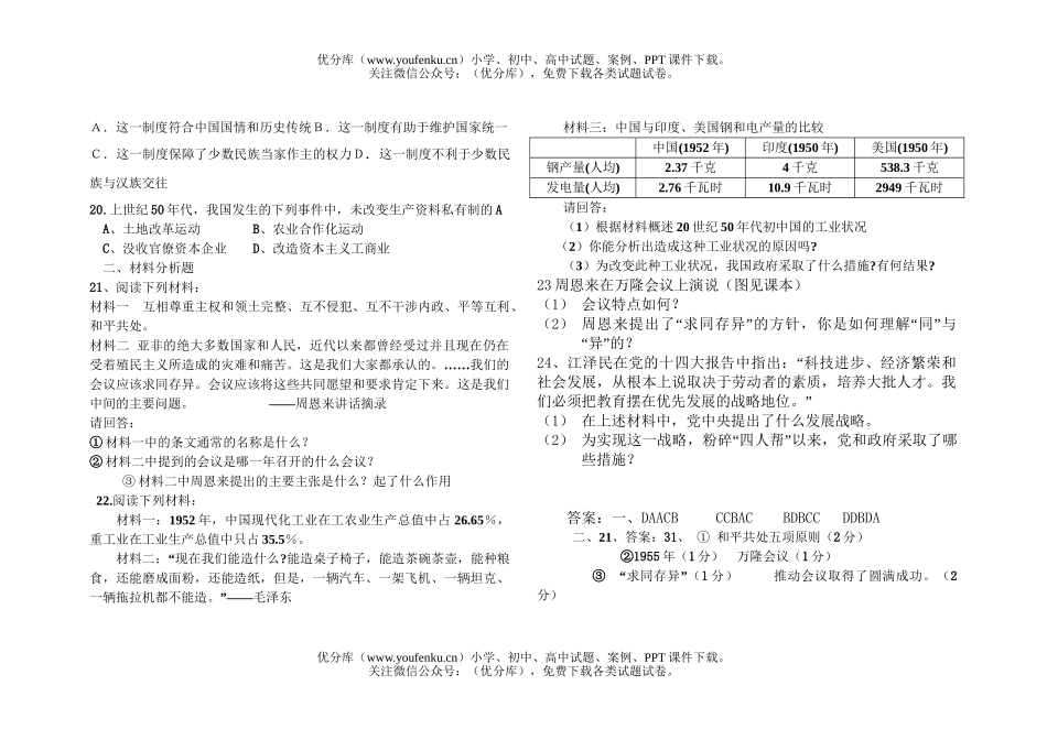 初中八年级历史下学期期末试卷_第2页