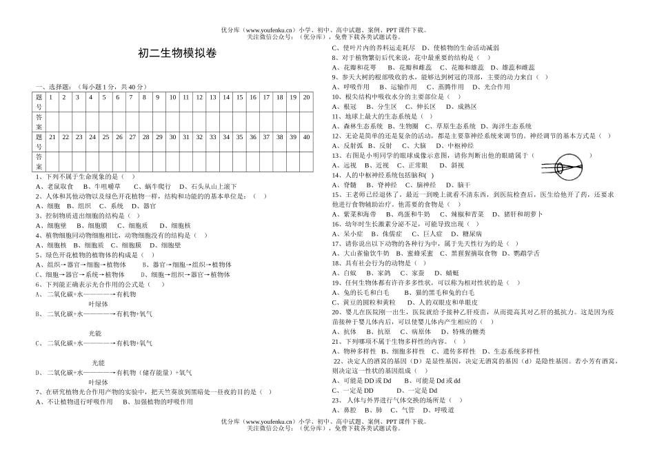 初中八年级生物会考模拟试卷_第1页