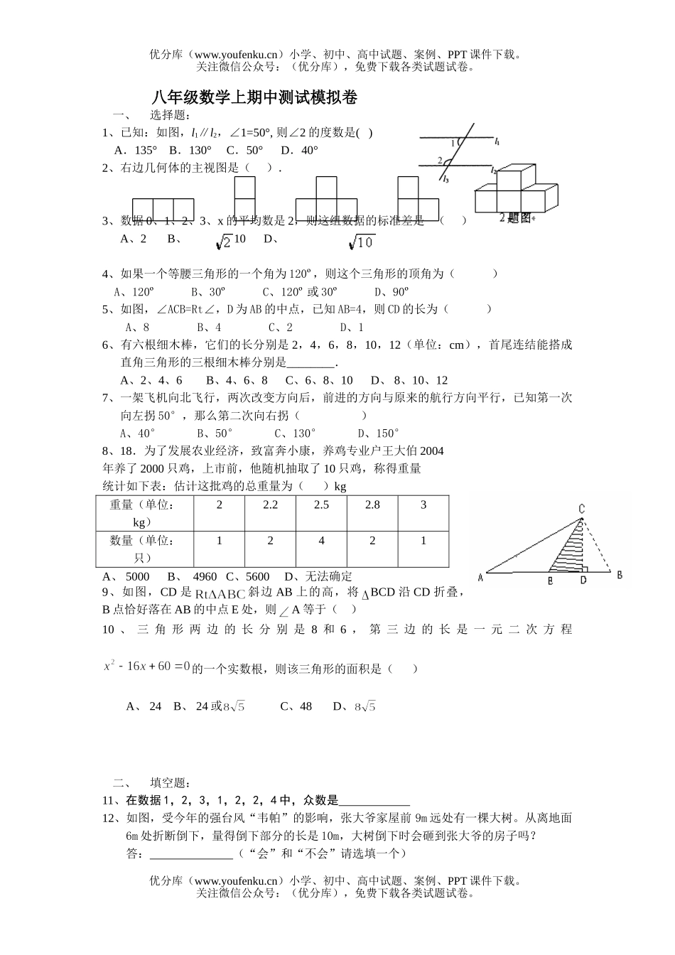 初中八年级数学上期中测试模拟试卷_第1页