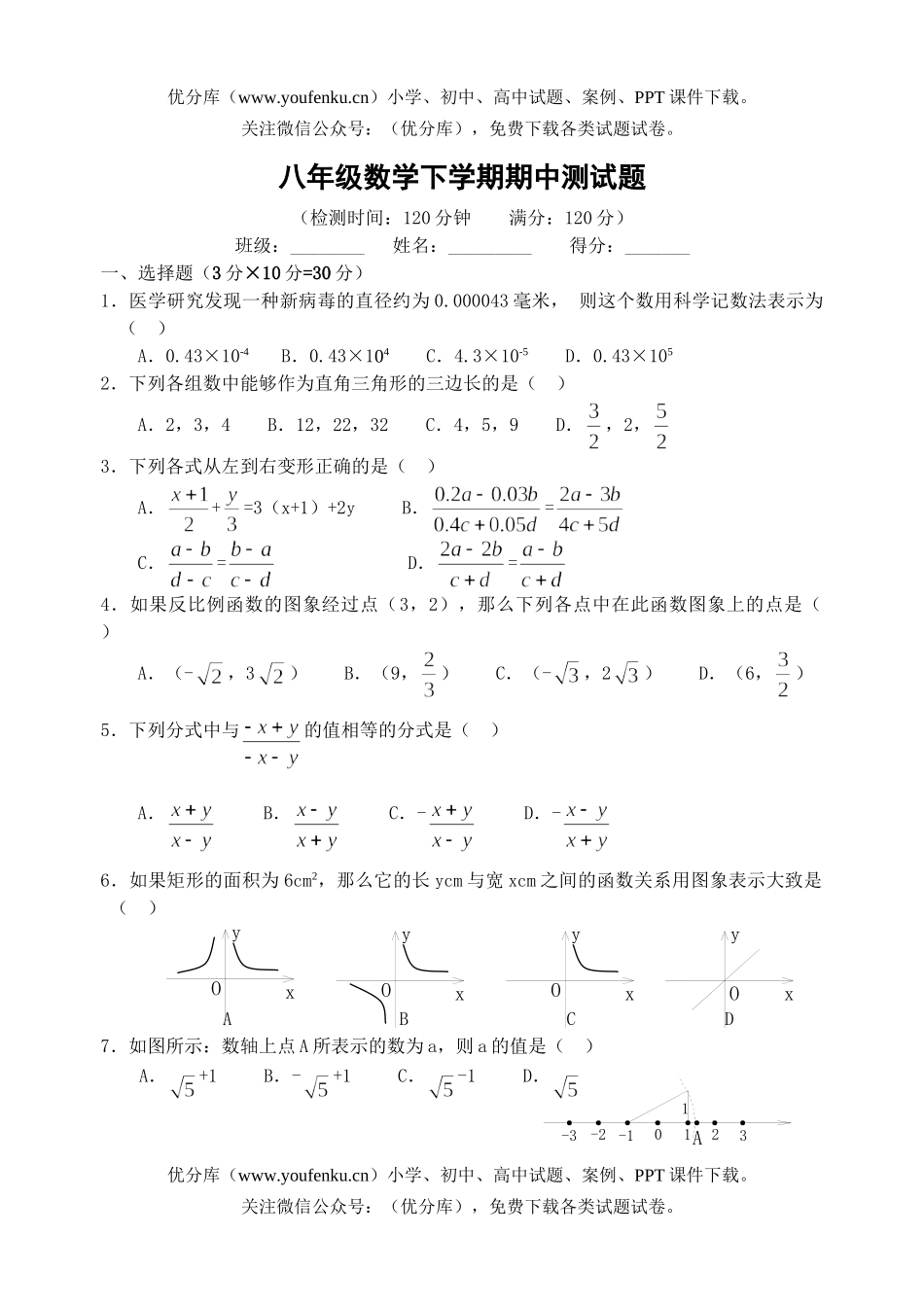 初中八年级数学下学期期中测试卷_第1页