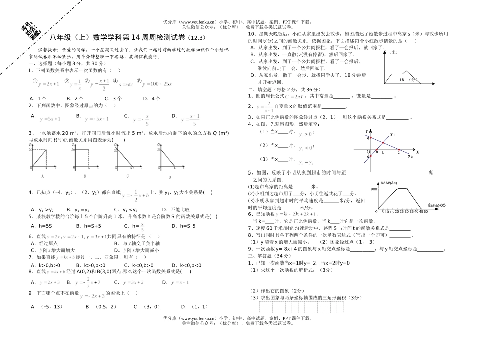 初中八年级数学(上)学科第14周周检测试卷_第1页
