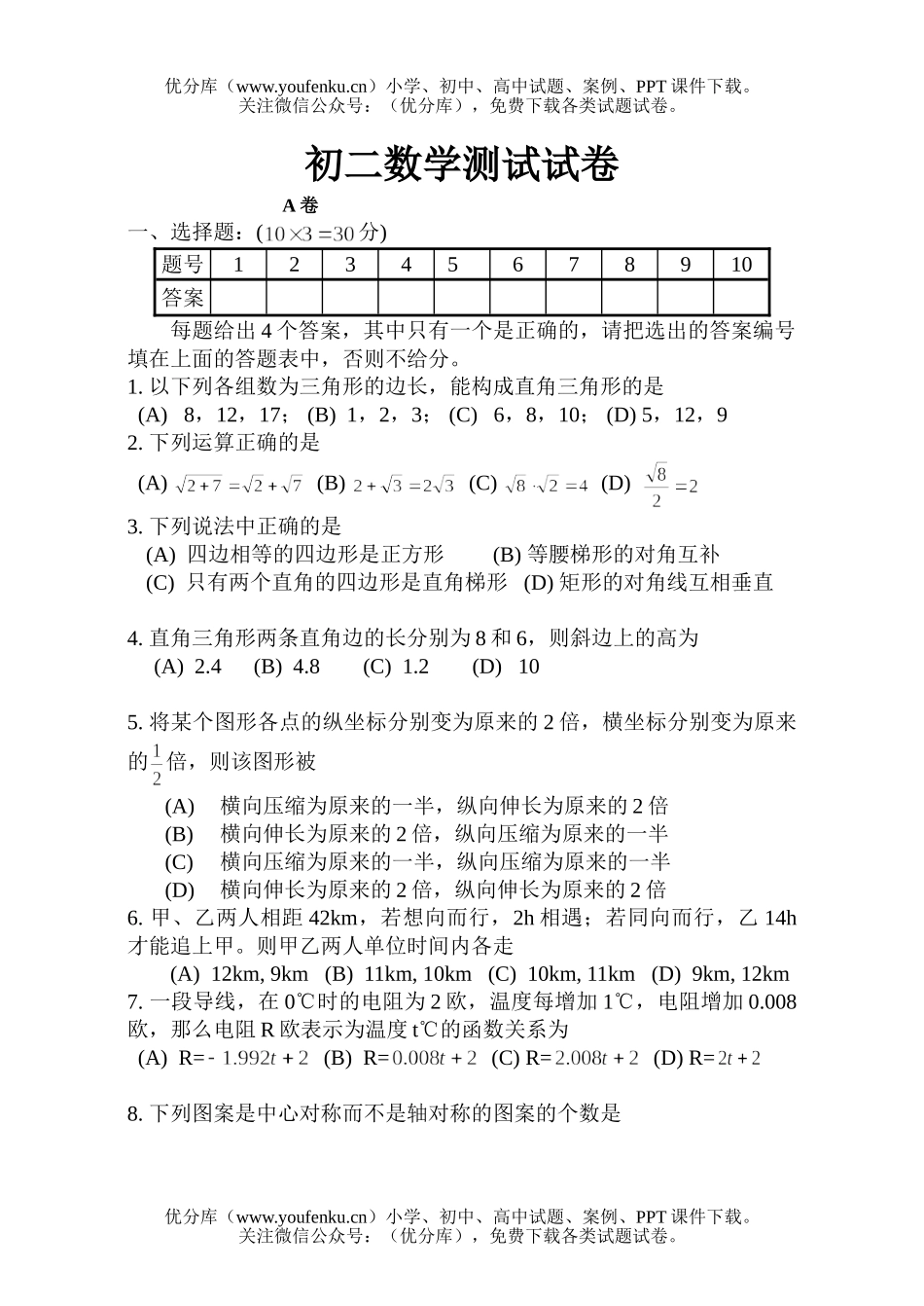 初中八年级数学测试卷_第1页