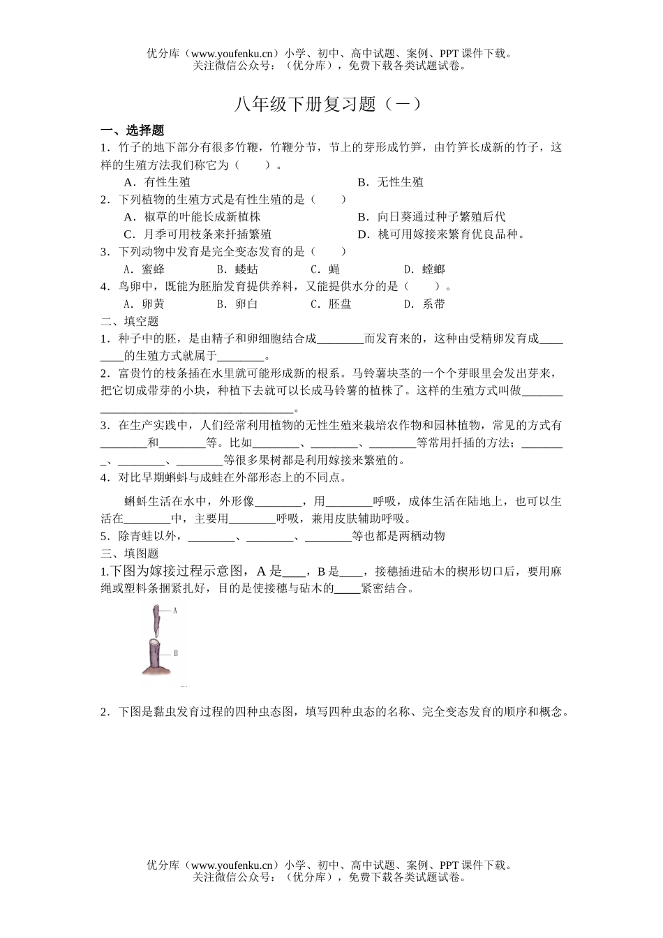初中八年级生物下学期复习(一)试卷_第1页