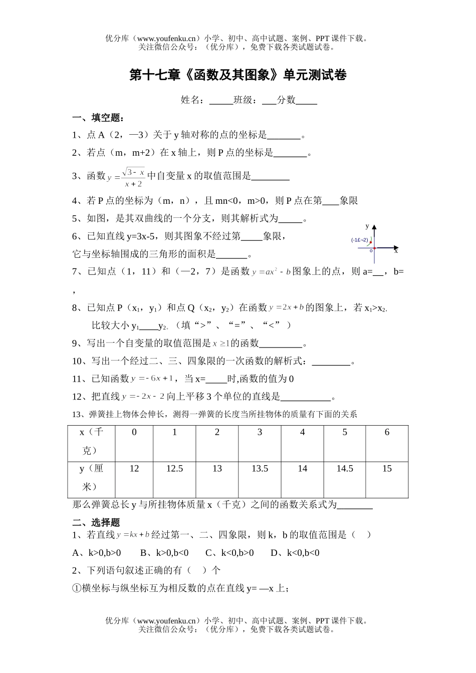 初中八年级数学函数及其图象单元测试卷_第1页
