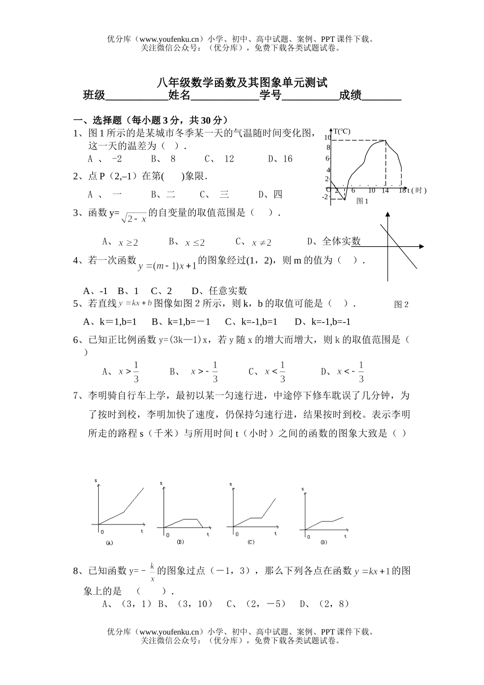 初中八年级数学函数及其图象单元测试卷_第1页