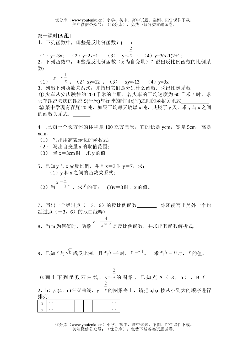 初中八年级数学反比例函数练习题试卷_第1页