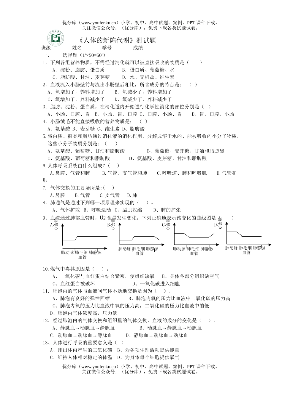 初中八年级生物人体的新陈代谢测试卷_第1页