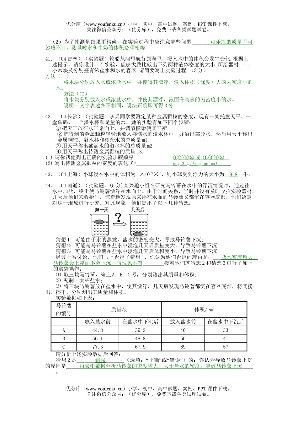 初中八年级科学上浮力实验探究题试卷_第3页