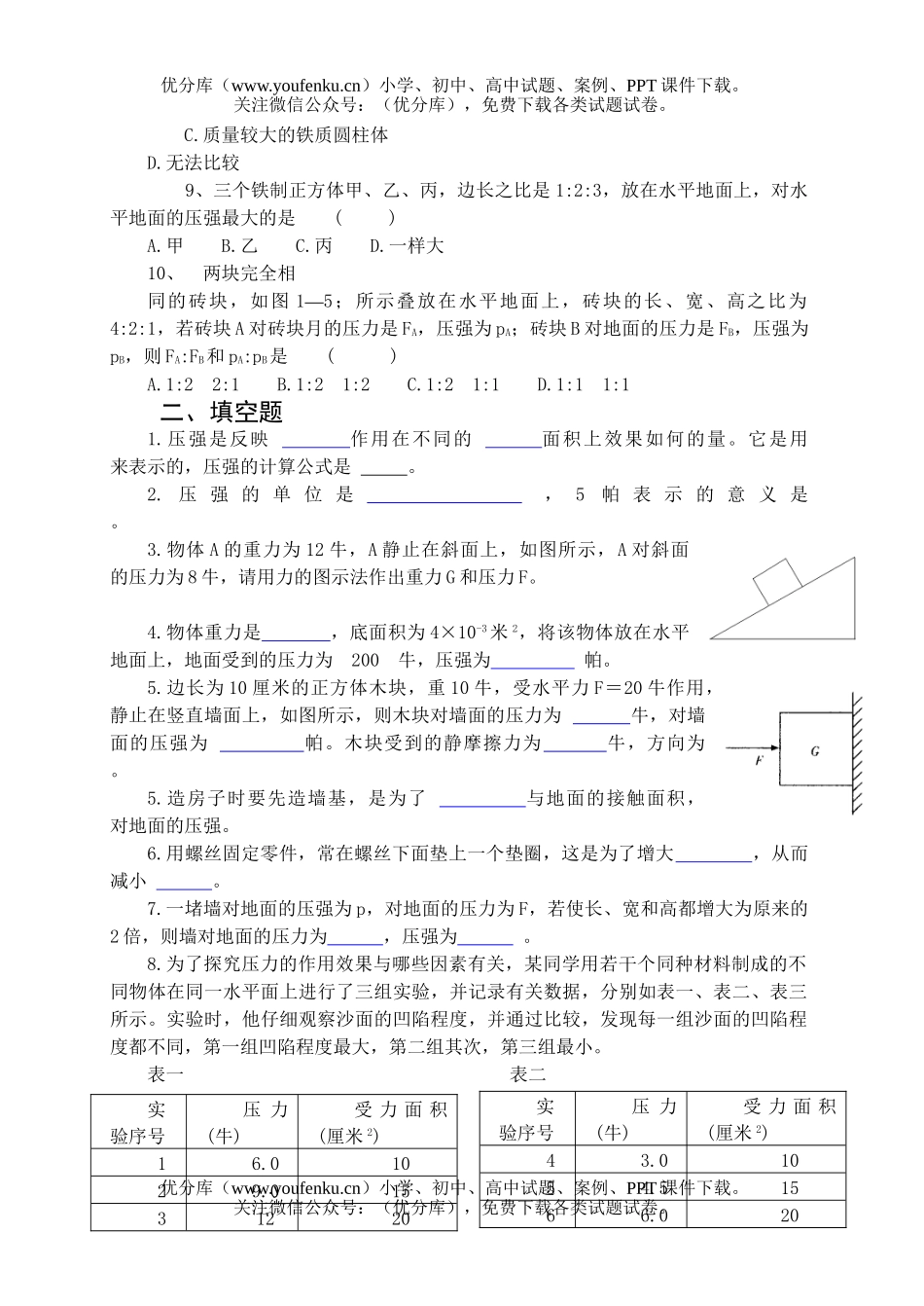 初中八年级科学压强专题练习试卷_第1页