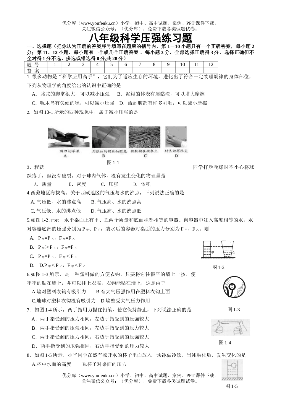 初中八年级科学压强练习题试卷_第1页