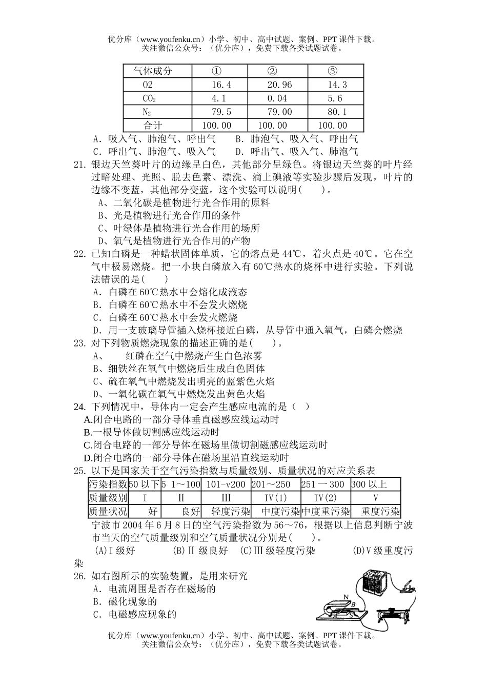 初中八年级科学综合复习期末测试基础卷(一)试卷_第3页