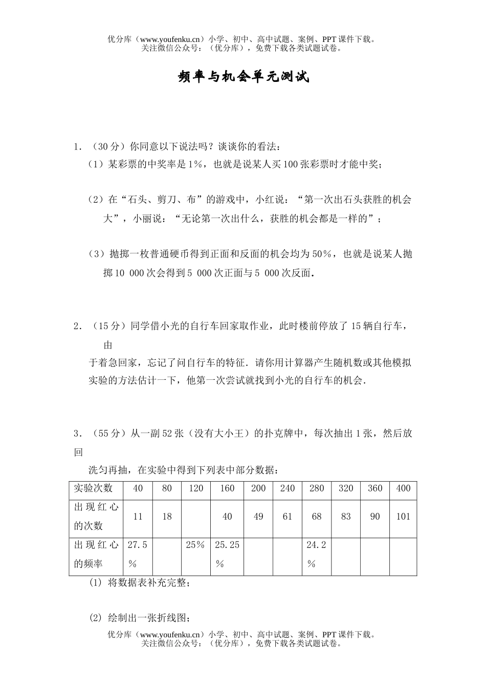 初中八年级数学频率与机会单元测试卷_第1页