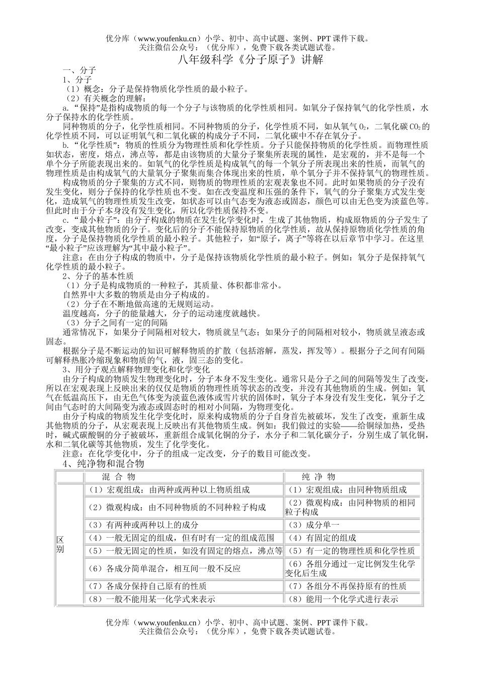 初中八年级科学《分子原子》讲解试卷_第1页