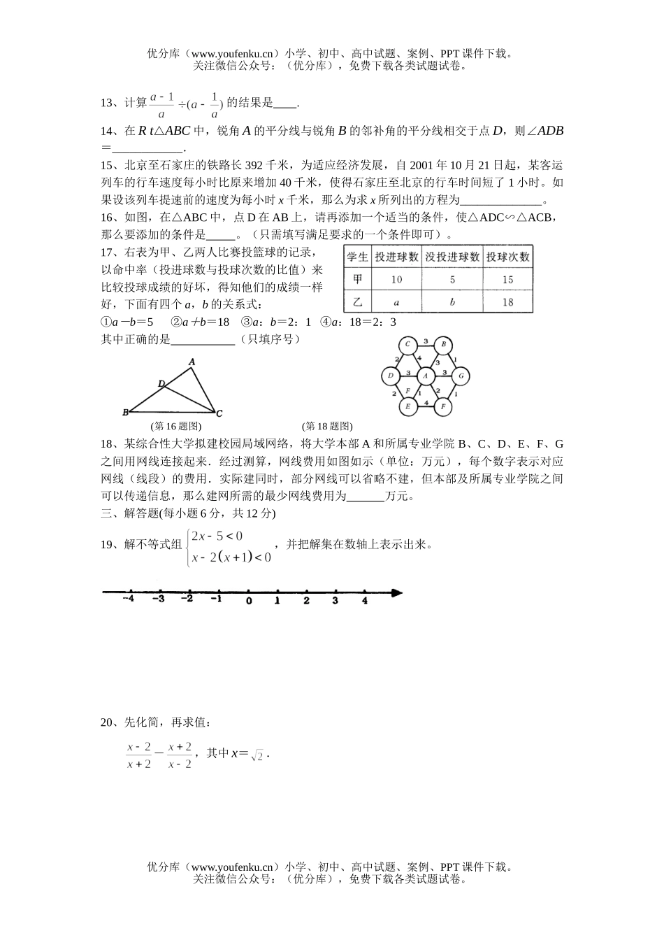 初中八年级数学(下)期末综合练习卷4试卷_第2页