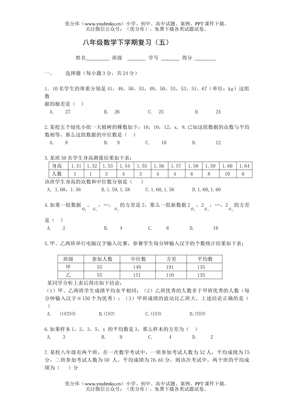 初中八年级数学下学期复习5试卷_第1页