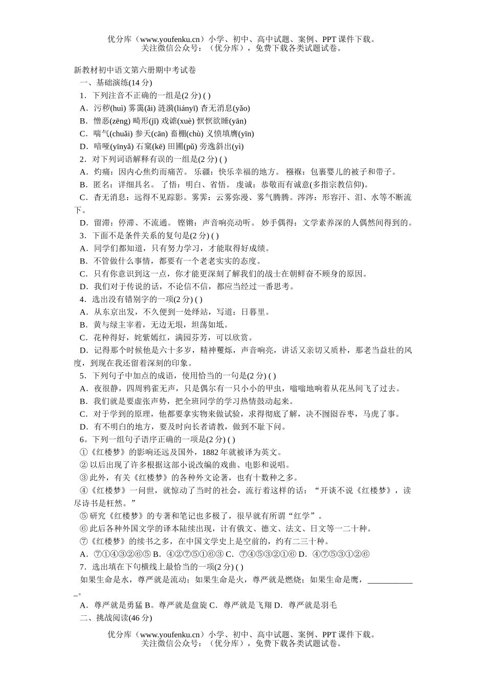 初中九年级语文新教材第六册期中考试卷_第1页